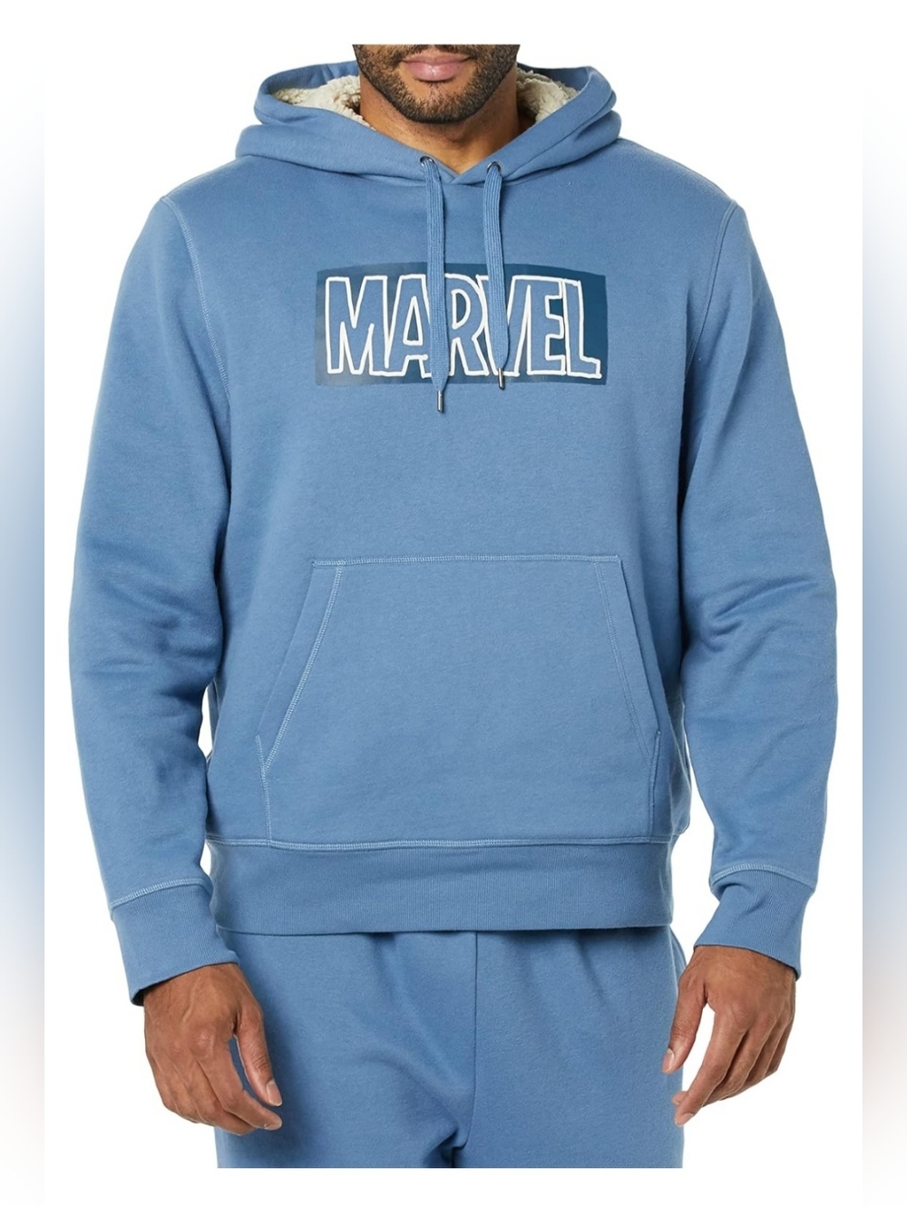 NWT Amazon Essentials Men’s Blue Marvel Sherpa-Lined Hoodie - M- Cozy, Comfy